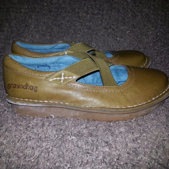 GROUNDHOG-Olive Leather Mary Janes Stretch Slip On Shoes-SZ 6.5-Near Mint - Picture 4 of 7